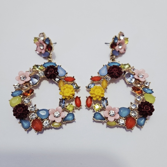J. Crew Jewelry - J. Crew Watusi Floral Earrings Colorful Statement Hoop Drop Earrings